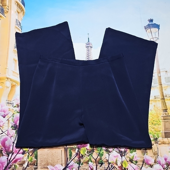 Emmelle‎ Elegant Silk Navy Blue Wide Leg High Waisted Trousers Pants Size Large - Picture 1 of 6